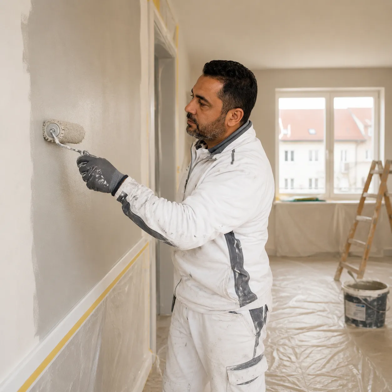 Handwerkerin mit Schutzhelm und Werkzeuggürtel bei der Montage von Solarmodulen auf einem Hausdach