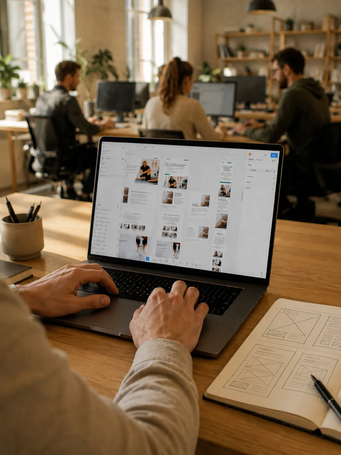 Webdesigner arbeitet am Laptop an einem Website-Layout, neben einem Notizbuch mit handgezeichneten Skizzen